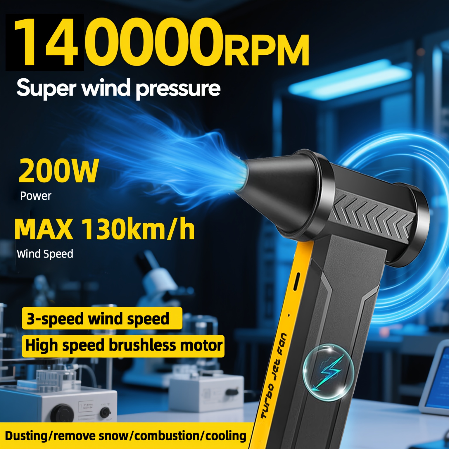 E-shop 140000 U/min Turbo-Jet-Ventilator Luftgebläse - 380g , 10000mAh USB-C Schnellladung, 3-Gang Bürstenloser Motor für Kühlung/Schnee/Staub/Grillen,