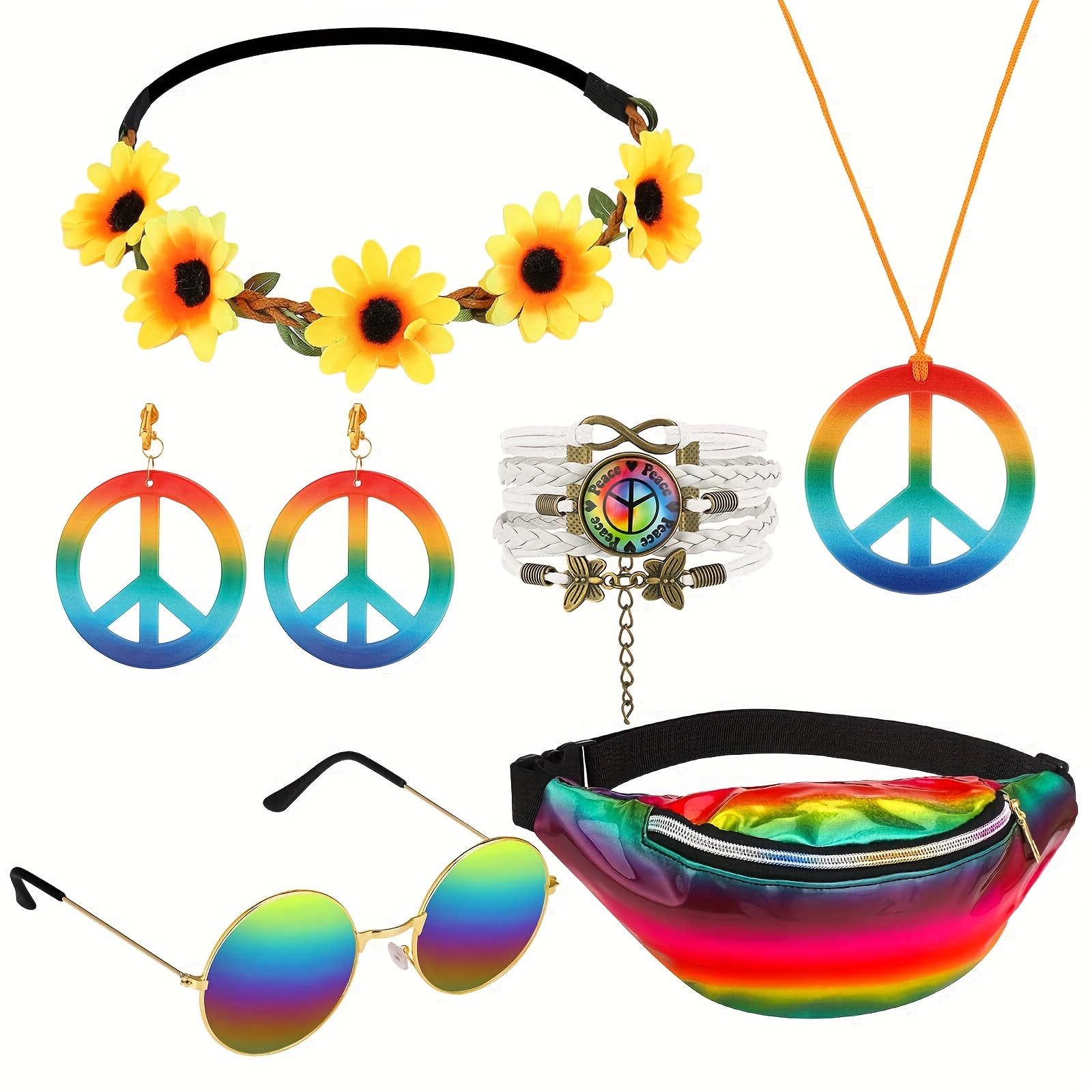 Peace Sign Necklace Earrings Hippy Costume Accessory Set