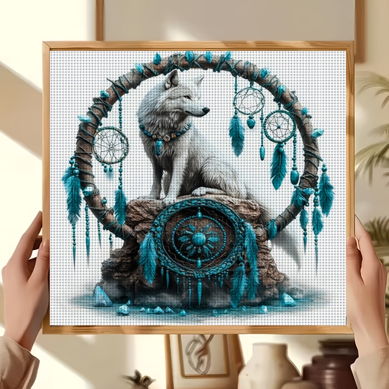 Cross Stitch Kit, White Wolf In Circle Design
