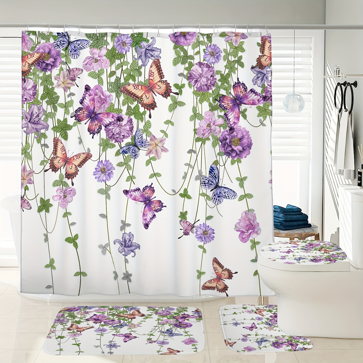 

1/3/4pcs Floral Butterfly Pattern Shower Curtain Set, Waterproof Shower Curtain With 12 Hooks, Non-slip Bath Mat, U-shaped Toilet Mat, Toilet Mat, Bathroom Accessories