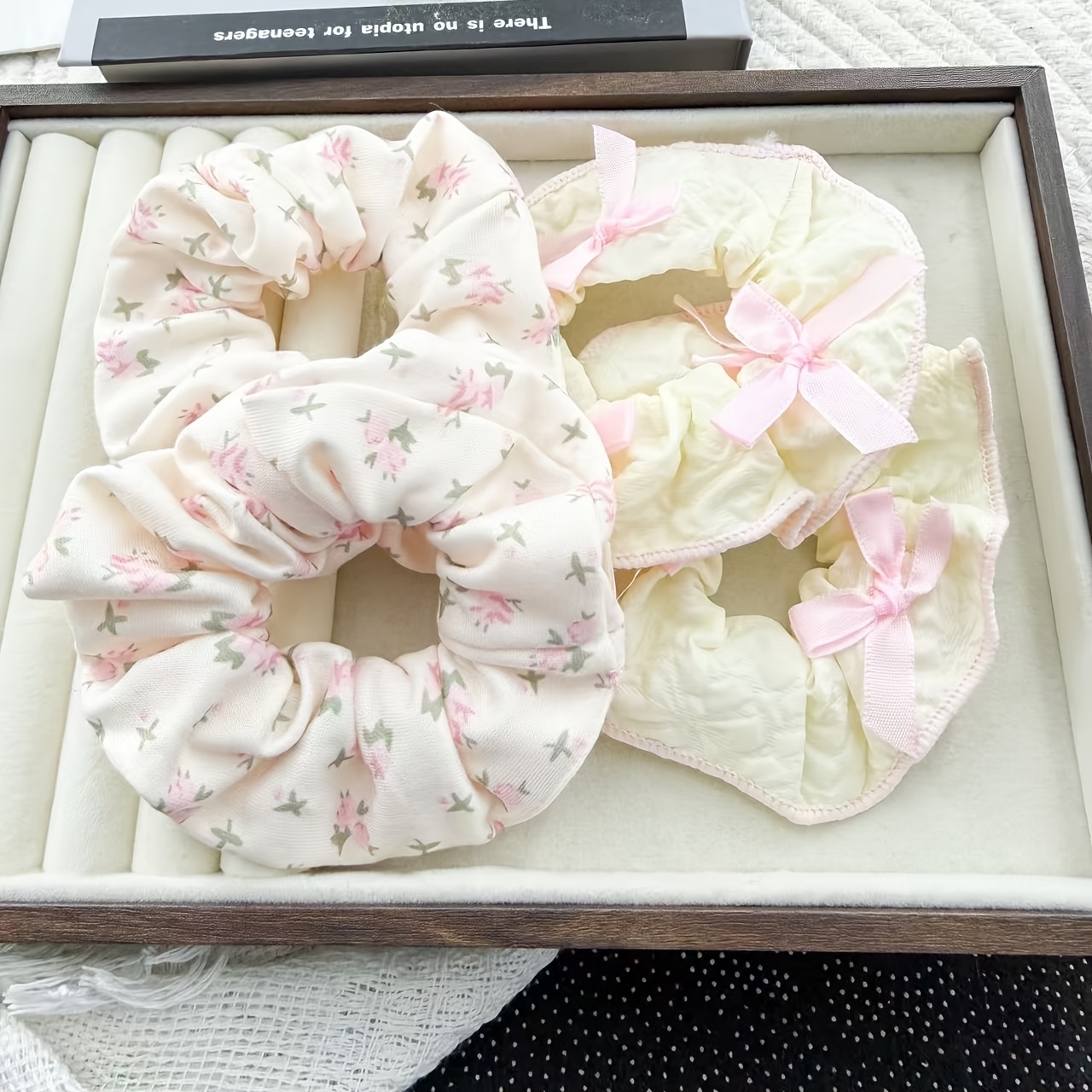 TEMU 4 chouchous à nœud en ruban floral délicat, tissu gaze léger , accessoires de cheveux doux Cottagecore pour femmes et en