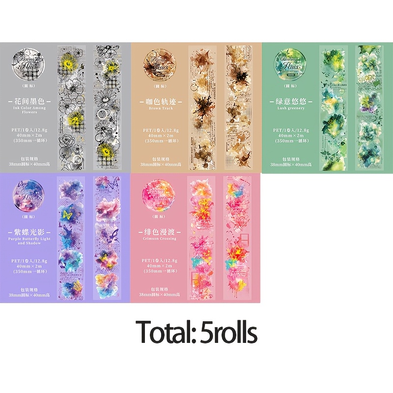TEMU 5-rollen Tape Stickers, Aquarel Vlek Transparante PET Tape, Journaling Basis Decoratief Papier, Geschikt voor Meerdere 's, Plakboekstickers voor