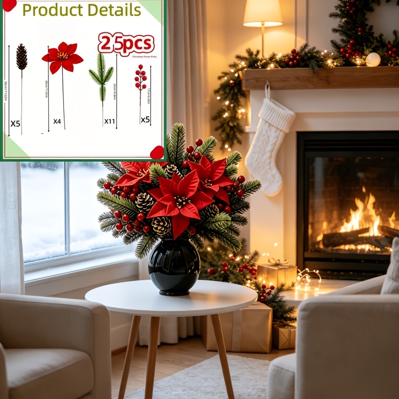 TEMU 25 pièces Arrangement Floral Artificiel Branche de Pin Poinsettia - Accessoires Artificiels et , Convient pour Décoration Florale de Noël,