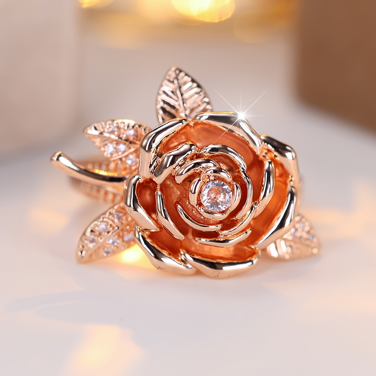 Women's Luxurious Rose-Shaped Ring Inlaid with Sparkling Synthetic Zirconia
