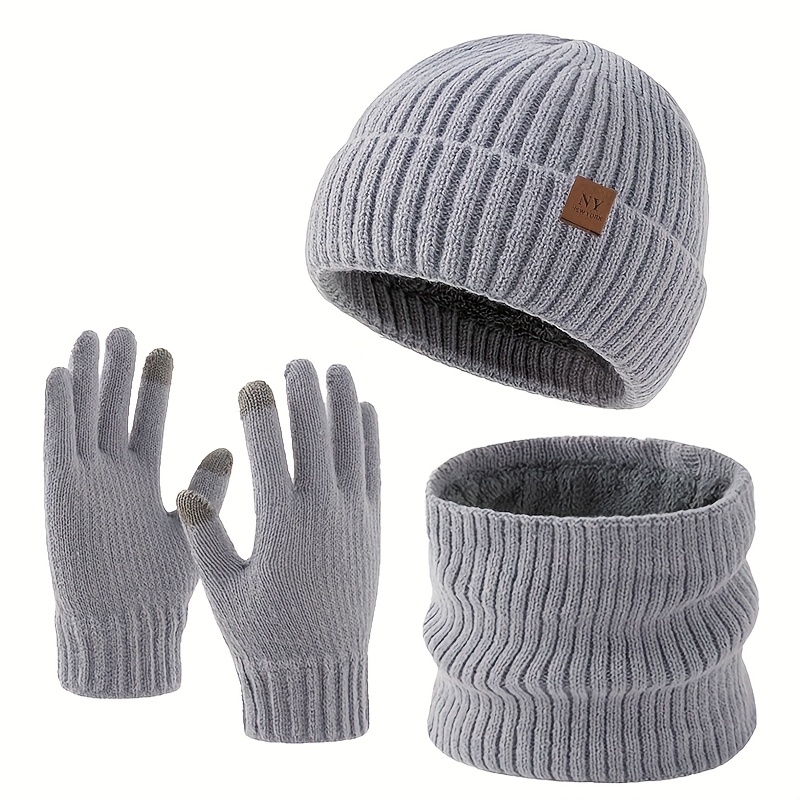 Ensemble 3 pièces NY Chapeau Tricoté Lettre, Écharpe & Gants - Haute Élasticité, Doublure Polaire, Chaleur Hivernale Épaissie, Design Sans Capuche, Cyclisme Sportif Décontracté Extérieur, Ski, Gants Tactiles, Vêtements d'Hiver