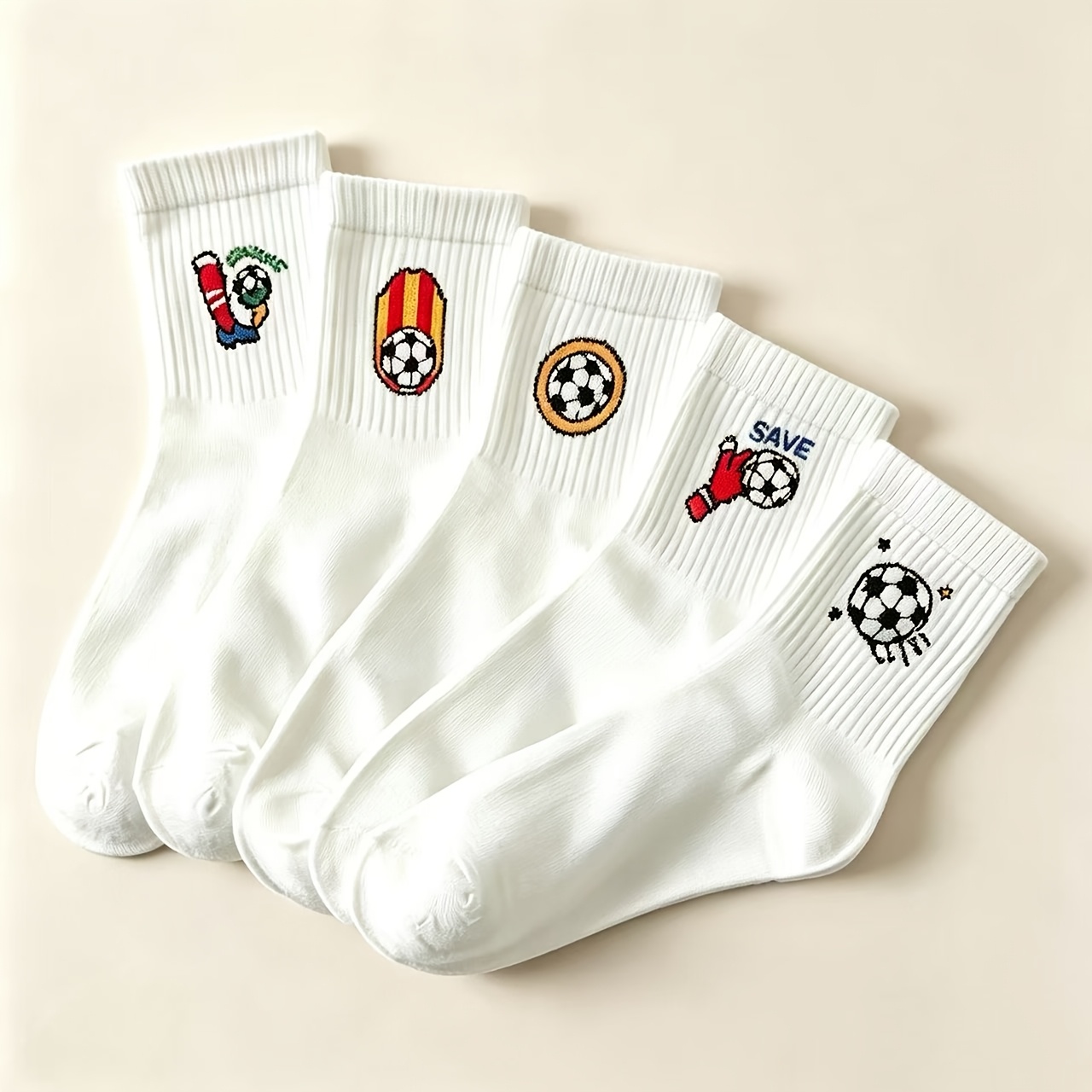 Image of 5 Pairs Soccer Cartoon Children Mid-calf Socks, Breathable Ribbed Sports Style Boy Student Socks, Field Goalkeeper Print All-match Campus Casual Socks, Halloween / Christmas / Gift