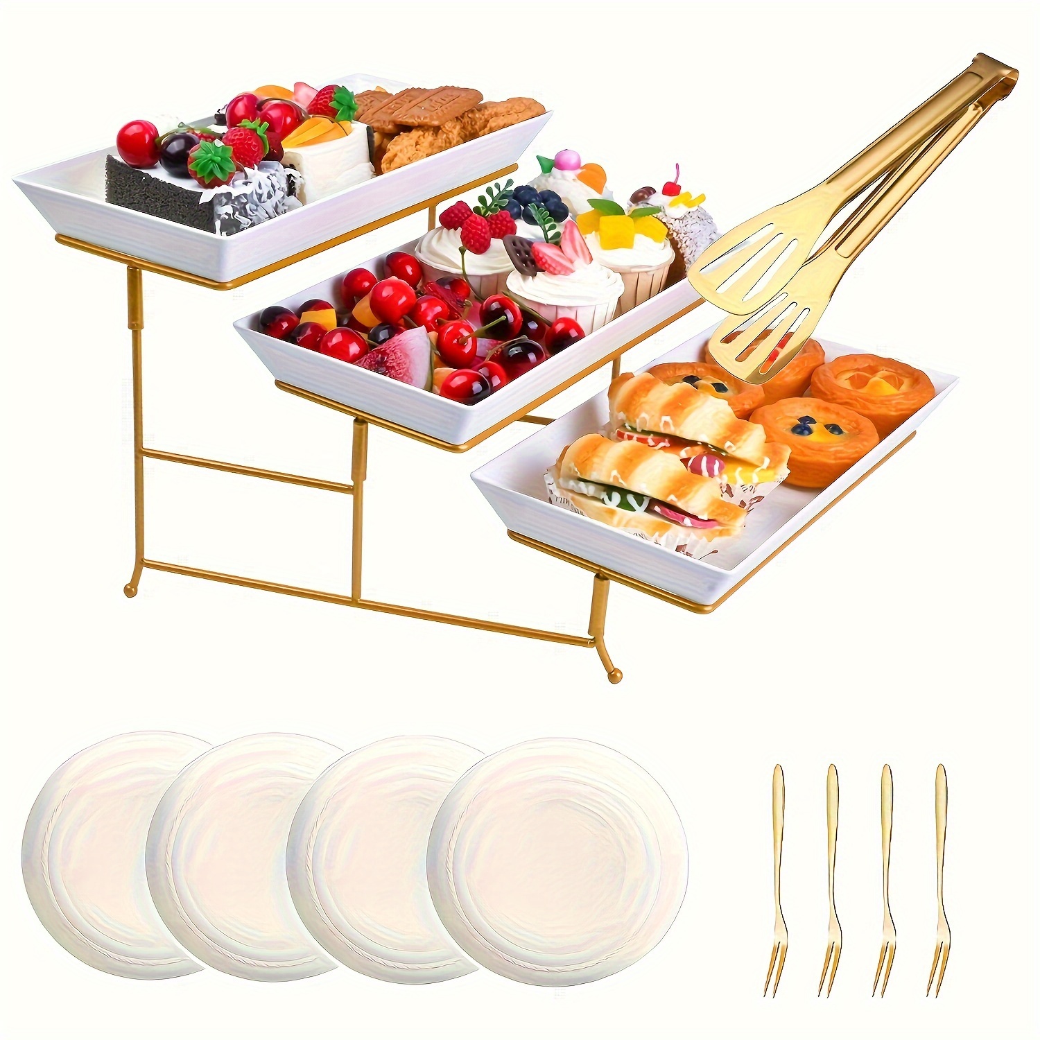 

Elegant 3-tier Metal Stand With Pp Plates & Rectangular Bowls - Fruits, Desserts, Appetizers & Cakes - Ideal For Parties & Home Use