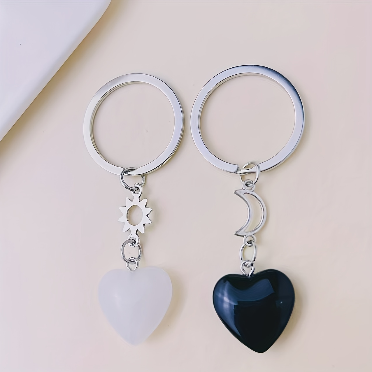 TEMU Christmas Gift, 2 [a Set] Creative Valentine's Day Heart-shaped Stone Keychain Moon And Sun Keyring Bag Backpack Car Key Charm