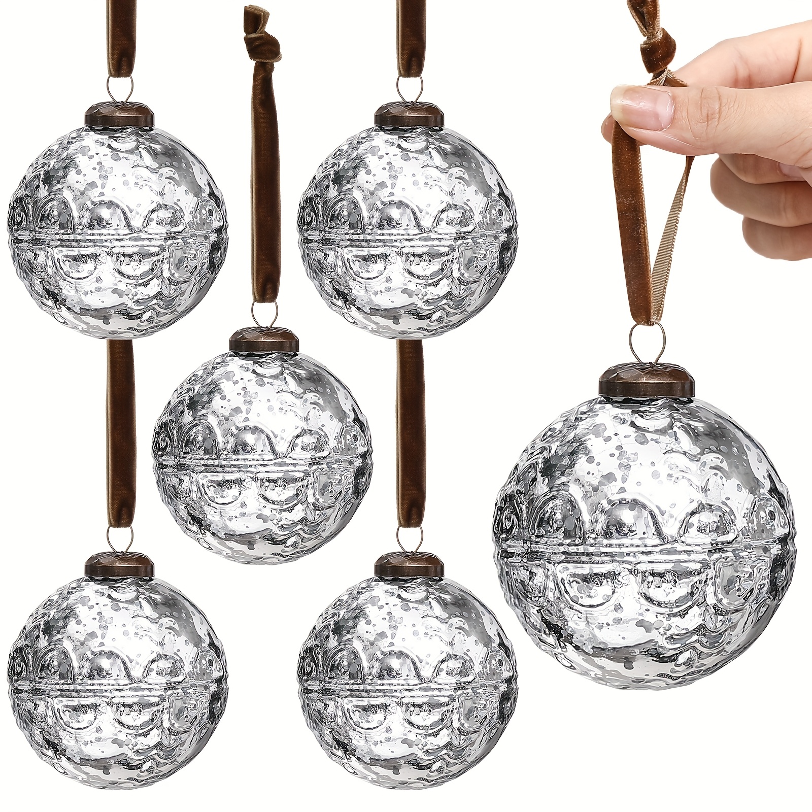 TEMU 6pcs Large Vintage For Mercury Glass Christmas Ornaments 3.15" Hanging Christmas Ball Ornaments Embossed Ball Decorations For Tree Decor