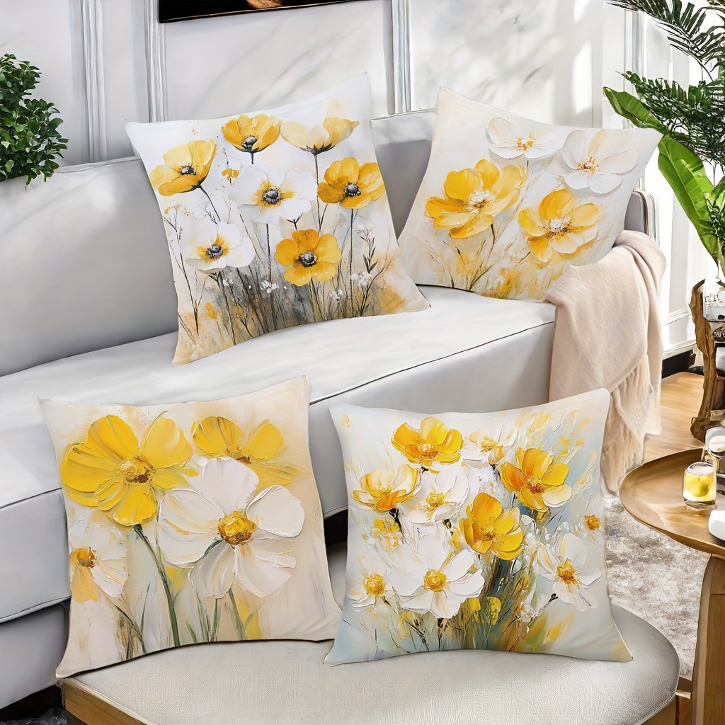 

4pcs, Spring And Summer Floral Theme Pillowcase, Print, Suitable For Living Room Decoration, Zipper Opening And Closing, , Without Pillow