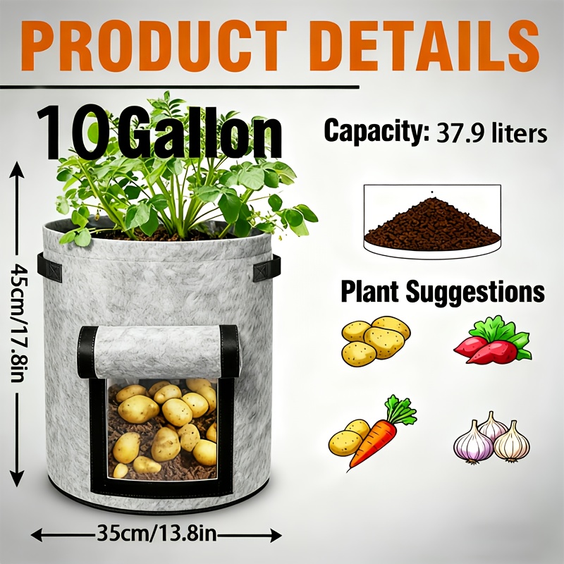 TEMU 4-pack aardappel kweekzakken tuinzakken, 10-gallon, 7-gallon, 5-gallon, 3-gallon, 1-gallon met ingebouwd kijkvenster versterkte handvatten,