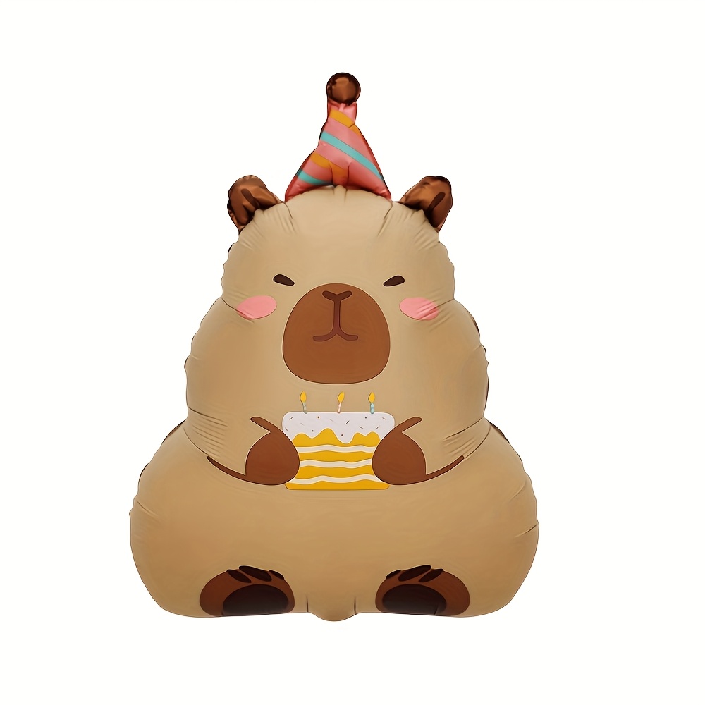 Image of Adorable Capybara Foil Balloon With Birthday Cake Design - Cute Cartoon Aluminum Film Balloon For Birthday Party Decorations, Shower & Baptism Scene Setup, Party Accessory | Design | Durable Mylar