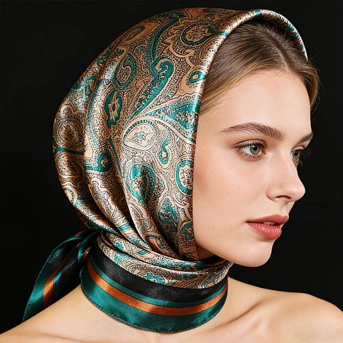 1pc womens almond silk luxury vintage paisley pure silk satin golden threading border 35 43 inch large square scarf headband shawl multi functional high end sense womens garment decoration flower pattern shiny smooth bohemian