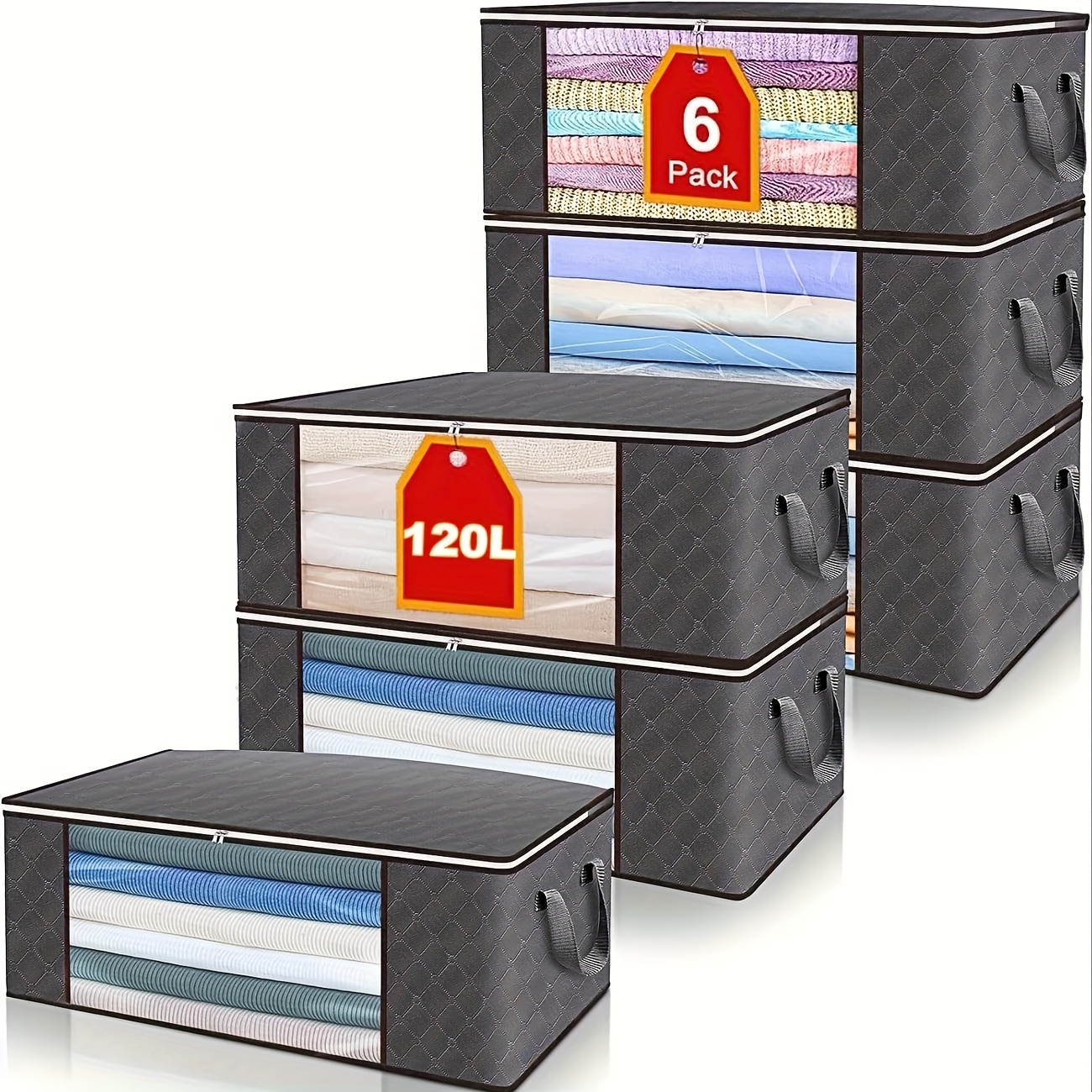 TEMU Set Of 6 Large Capacity Foldable Storage Bags, Made Of Durable Fabric, Reinforced Handles, Double Zippers, Space-, Transparent Window, Portable