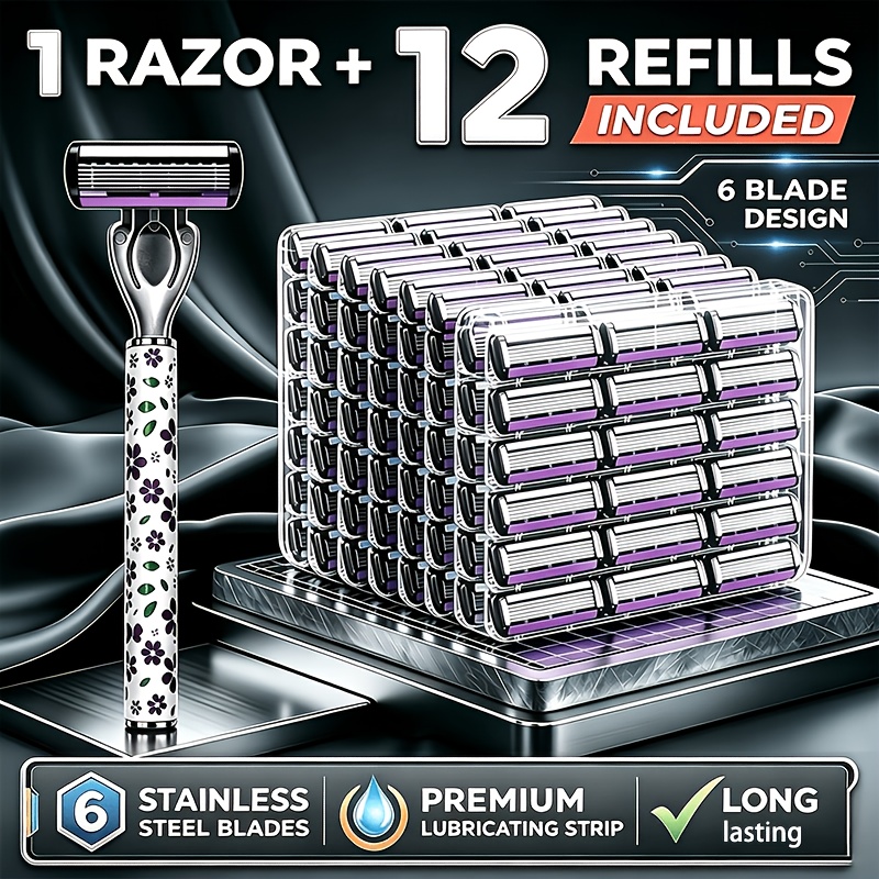 13pcs petal razor set 1 handle with 12 replacement 6 layer   features 6 layer     for shaving reducing the need for repeated shaving       for   compact and portable
