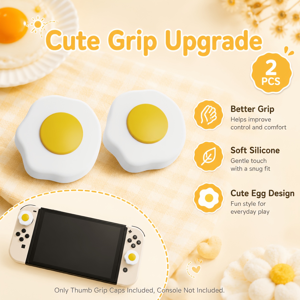 TEMU 2pcs Cute Fried Egg Thumb Grip Caps, Anti-slip Joystick Covers For Switch, For Switch Oled, For Switch Lite, Soft Controller Stick Caps, Easy To