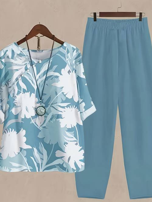 womens fashionable casual round neck floral print top and high waisted solid color pants two piece set