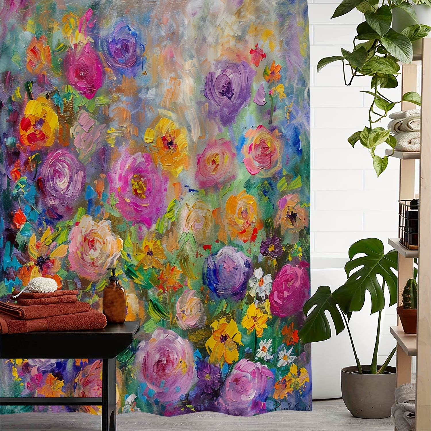

1pc Floral Oil Painting Print Waterproof Shower Curtain, 72x72 Inches With 12 Hooks, Colorful Botanical Bathroom Decor, Durable Fabric, Water-resistant Bath Drapes For Home Decor