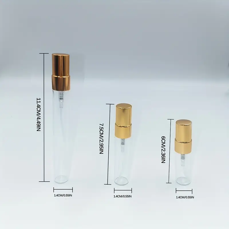 48pièces 0,07/0,1/0,17/0,34oz bouteilles de pulvérisation en verre transparent avec embouts en aluminium plaqués or - conteneurs de prélèvement de voyage portables pour parfum et cosmétique, cadeau idéal pour hommes et femmes, bouteilles déchantillon de voyage | ensemble de bouteilles décoratives | bouteilles en verre transparent Détails du produit 4