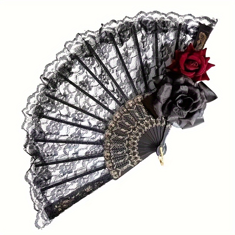 TEMU Éventail Pliant en Dentelle Vintage Élégante avec Roses Florales - Accessoire de Fête Rétro pour Soirée d'Halloween, Décoration Esthétique ,