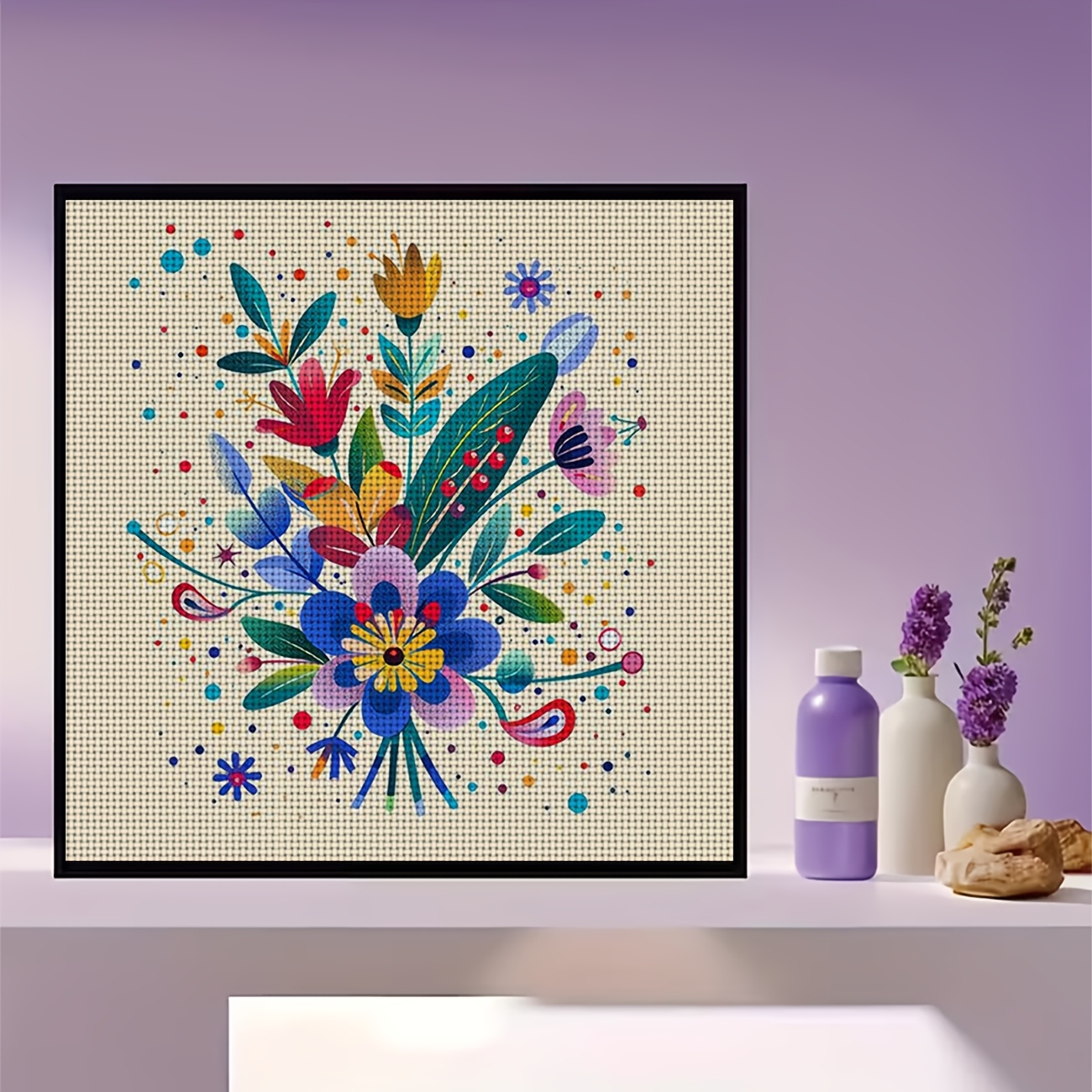 DIY Cross-Stitch Printed Kit, Unframed, Vibrant Floral Design