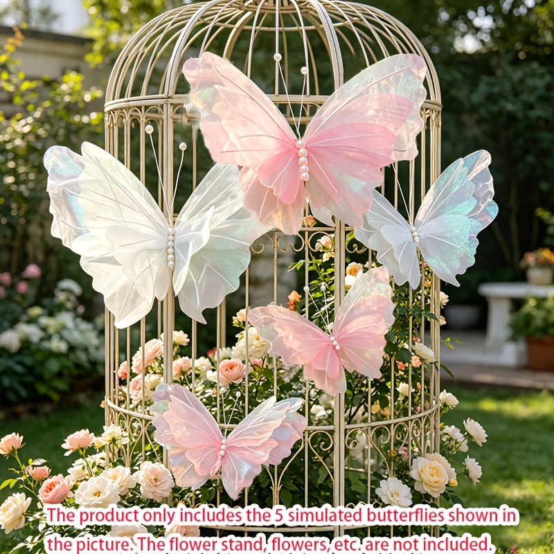 TEMU 5pcs/set Party Contrast Photo Booth Props, Fairy Tulle Sheer Artificial Butterflies, Iridescent , Party Photo Decoration, Christmas Tree Decor,