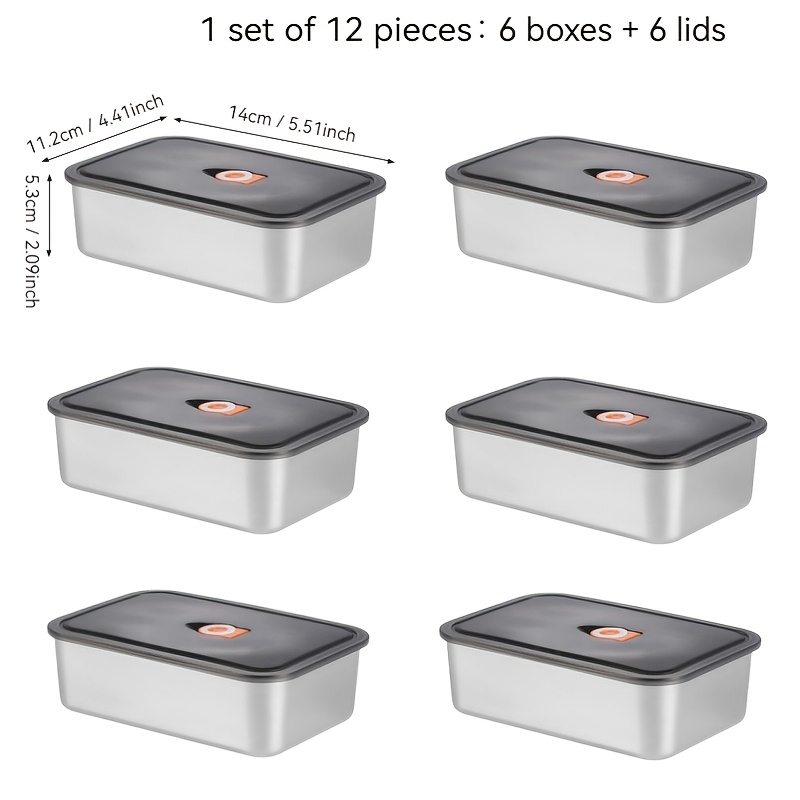 E-shop 6 Stück 6 Boxen + 6 Deckel Lebensmittelbehälter, Edelstahl Frischhaltedose, Versiegelt Auslaufsicher, Lebensmittelaufbewahrungsset, Kühlschrank