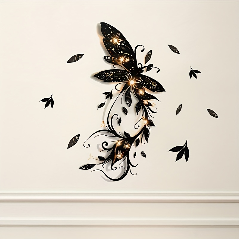 Image of Elegant Black And Wall Decal With Floral Accents - Removable Self-adhesive Pvc Sticker For Living Room, Entryway, Or Bedroom Decor, Decor
