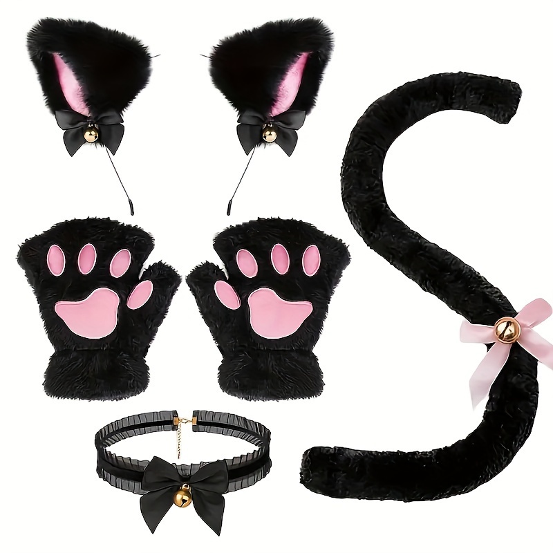 

Halloween Cosplay Accessory Set, Fluffy Cat Ears Headband, Gloves, Tail & Bell Choker, Party Role Play Costume Decorations