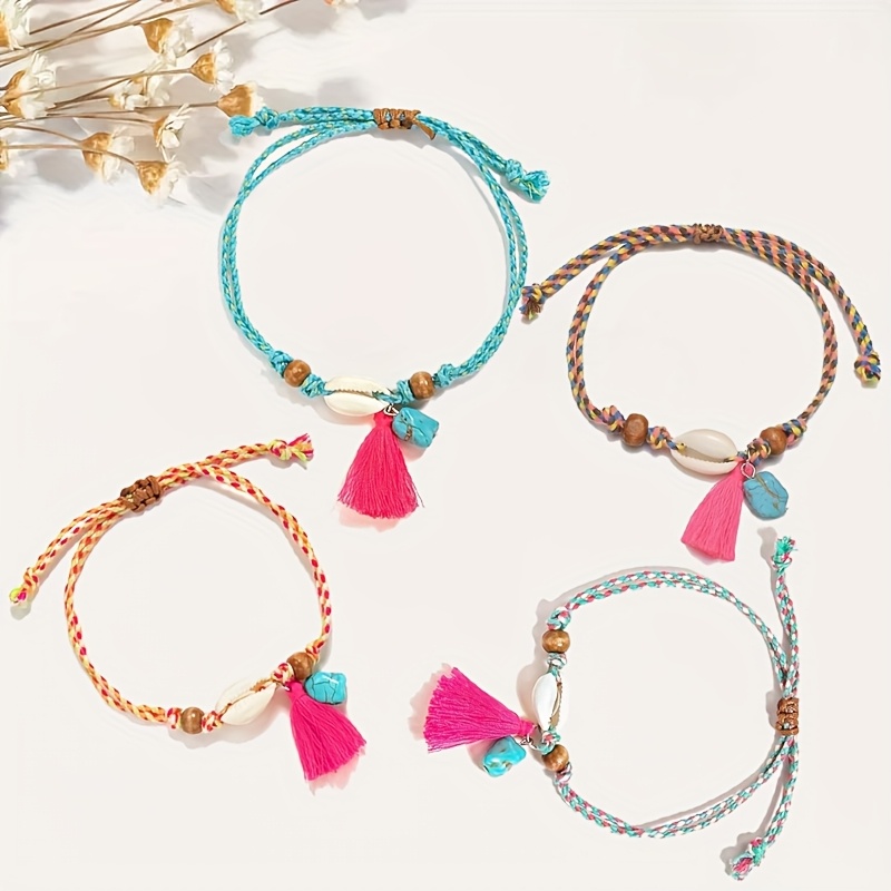 Women's Woven Anklet with Shell Tassel & Turquoise Pendant