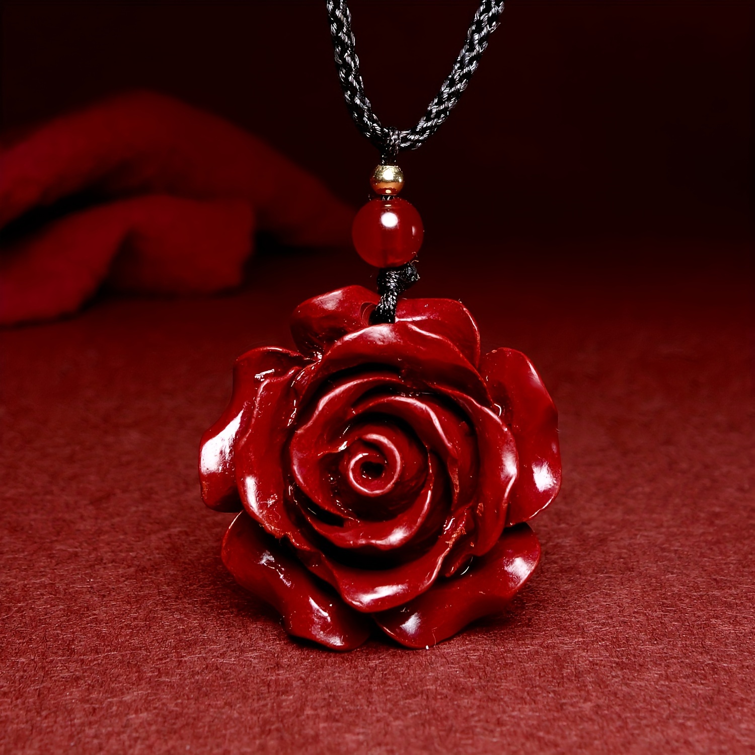 

Natural Cinnabar Double Sided Carved Rose Necklace Pendant Good Luck Necklace