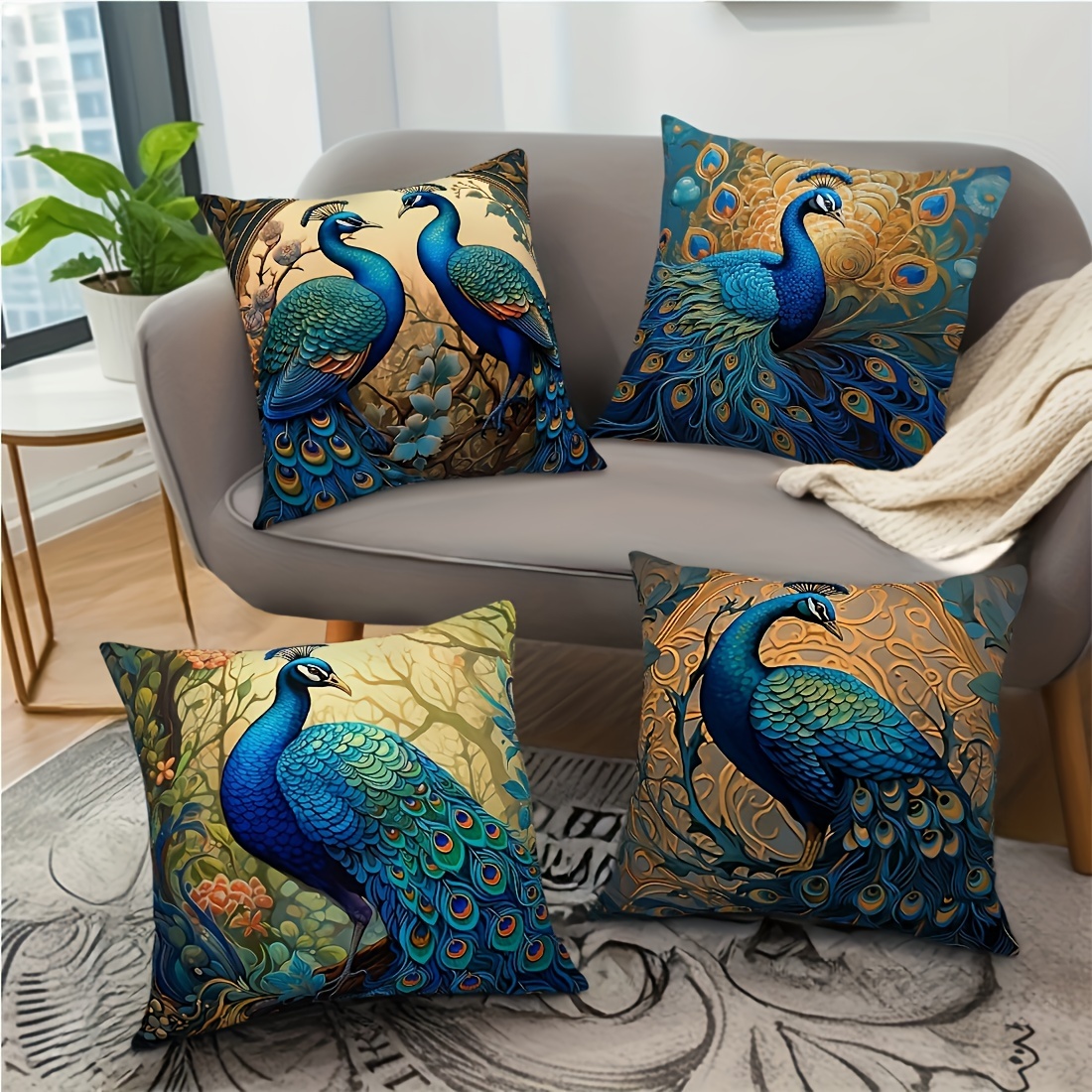 

4-piece Peacock Velvet Throw Pillow Covers Set, 18x18 Inch, Contemporary Style With Zipper Closure, Machine Washable Polyester Decorative Cushion Cases For Living Room Sofa And Bed Decor