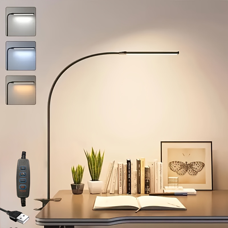 Image of A Led Desk Lamp With A Clip, Designed For Home Offices, Featuring 3 And 10 Brightness Levels, A Long Flexible Gooseneck, Swing Arm For Task Lighting, Usb Powered, In Black