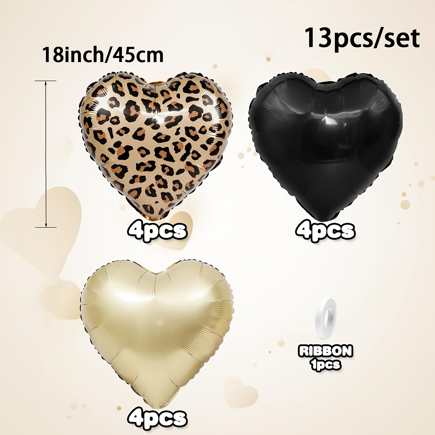 TEMU 13pcs Black Print Heart Balloons, (12pcs Heart Foil Balloons And 1pc Ribbon) Print Heart-shaped Foil Balloons For Shower Birthday Wedding