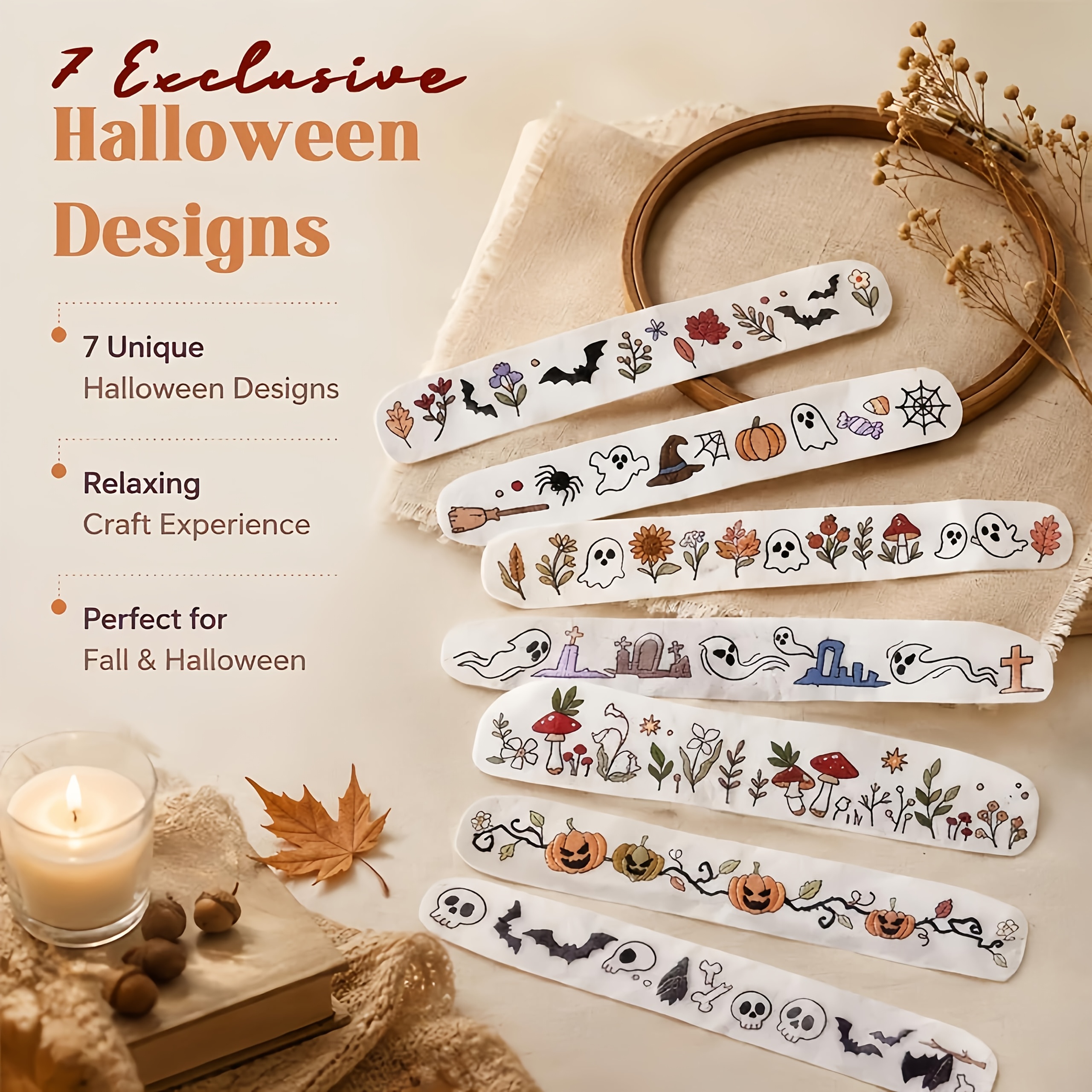 Halloween Water Soluble Embroidery Pattern Set, 7pcs