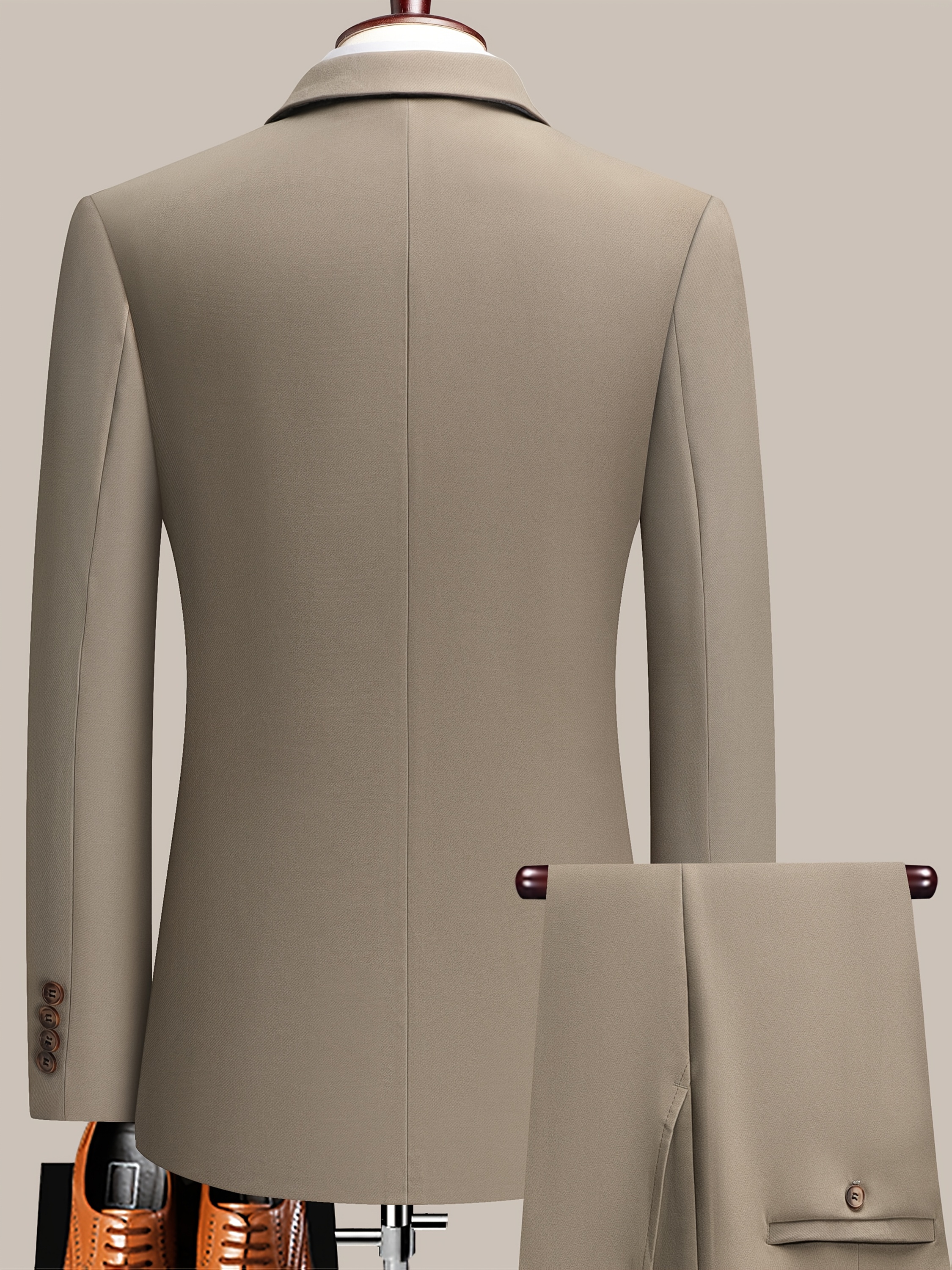 Men'S Beige Double-Breasted Suit with Peaked Lapels - Formal Business & Wedding Attire, Non-Stretch Polyester Blend, Double-Breasted Jacket with Four Buttons, Matching Pants, Wedding Attire|Classic Fit|Polyester Blend