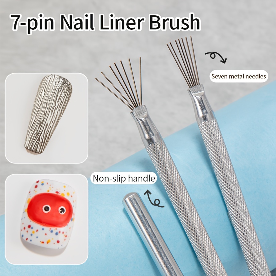 

7-pin Nail Liner Brush: Stainless Steel Handle With 7 Metal Needles For Precise Nail Art