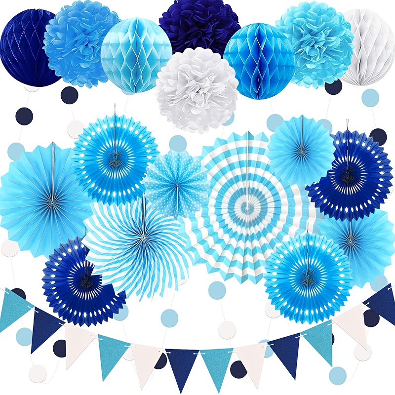 TEMU 23-piece Navy Blue Party Decoration Set, Including Hanging Paper Fans, Pom Poms, Garland Strings With Polka Dots, And Triangle Pennant Flags,