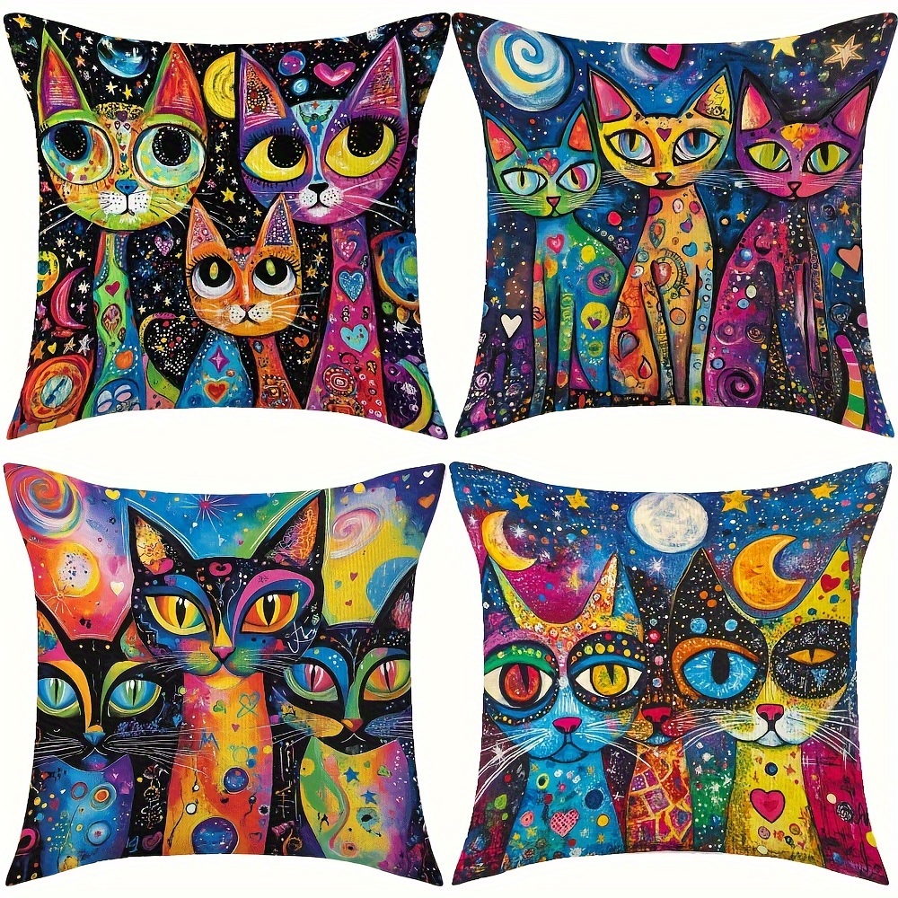 

4-pack Throw Pillow Covers - Double-sided Cat Design, Zippered Polyester Decorative Cushions For Sofa, Dorm - Ideal For Anniversary, Halloween, Christmas (inserts Not Included)