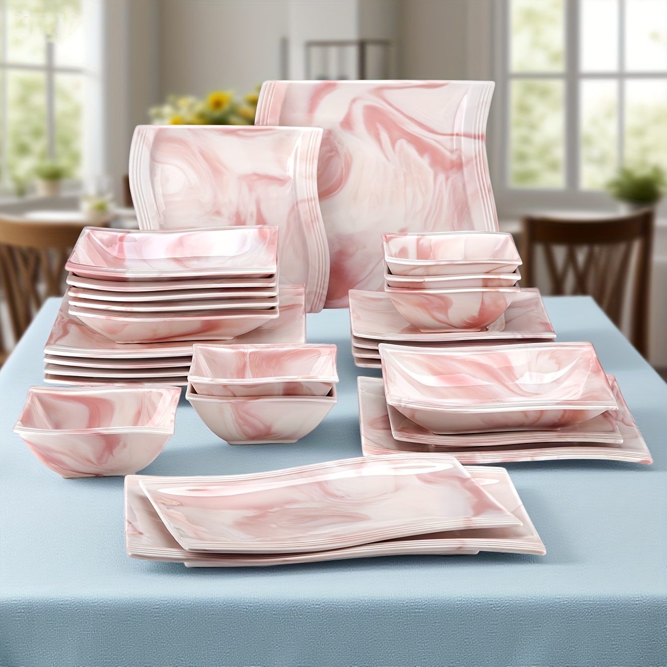 Kitchen Dinnerware Sets, Plates And Bowls Sets, 26/30pcs Pink Square Cutlery Sets, Porcelain Dinnerware With Dinner Plates, Bowls And Serving Platters, Modern Dish Set For 6 People