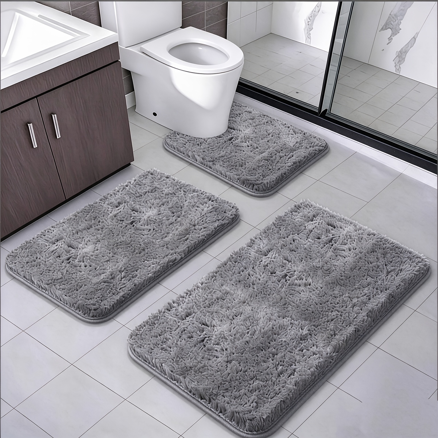 TEMU 3pcs Memory Foam Bath Mat, Ultra Soft, Plush Standing Mat. Features U-shaped Toilet Outline. Extra Thick. Super Absorbent Soft Mat,