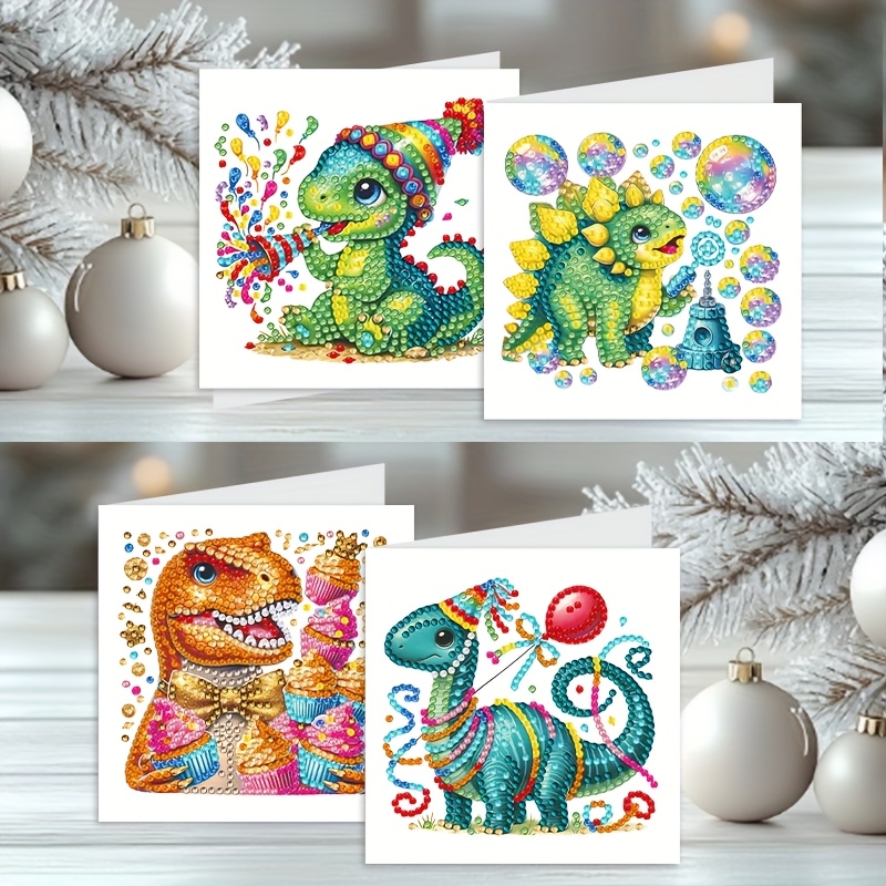 TEMU A Set Of 4 Dinosaur-themed Diamond Painting Greeting Cards, Featuring A Cartoon Series For Holidays, Complete With Envelopes. An Ideal Creative
