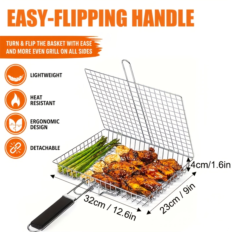 TEMU Large Grill Basket For Outdoor Barbecue, Foldable Portable Fish Grill Rack For Meat, Seafood And Vegetables, Outdoor Cookware For Camping &