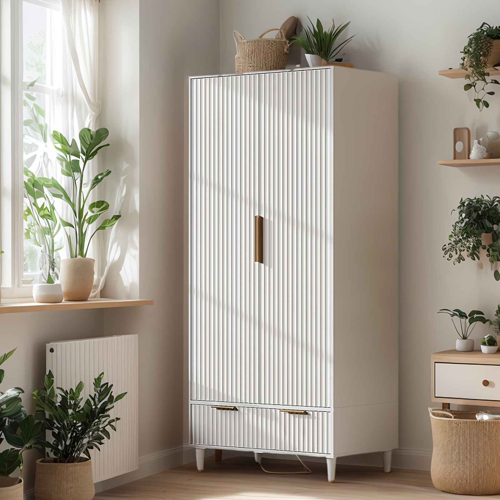 Bonnlo Fluted Wardrobe Armoire - Freestanding Wood & MDF Cabinet with Hanging Rack, Shelves & Drawers, Pre-Assembled Bedroom Closet Suitable for Apartments, Dorms, Small Spaces