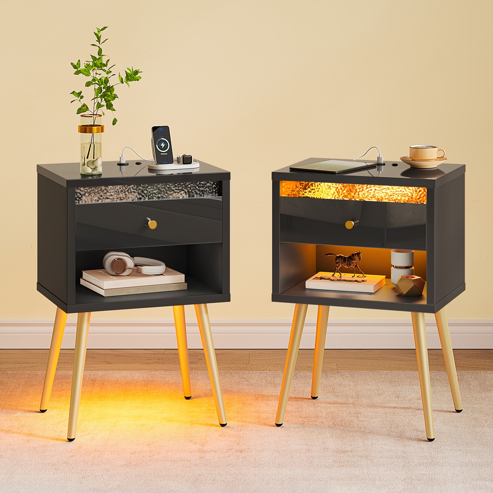 TEMU A Pair Of Contemporary Nightstands Featuring Usb Charging Ports, Standing At 12 Inches Tall. Compact Bedside Tables Come With A Drawer And Open