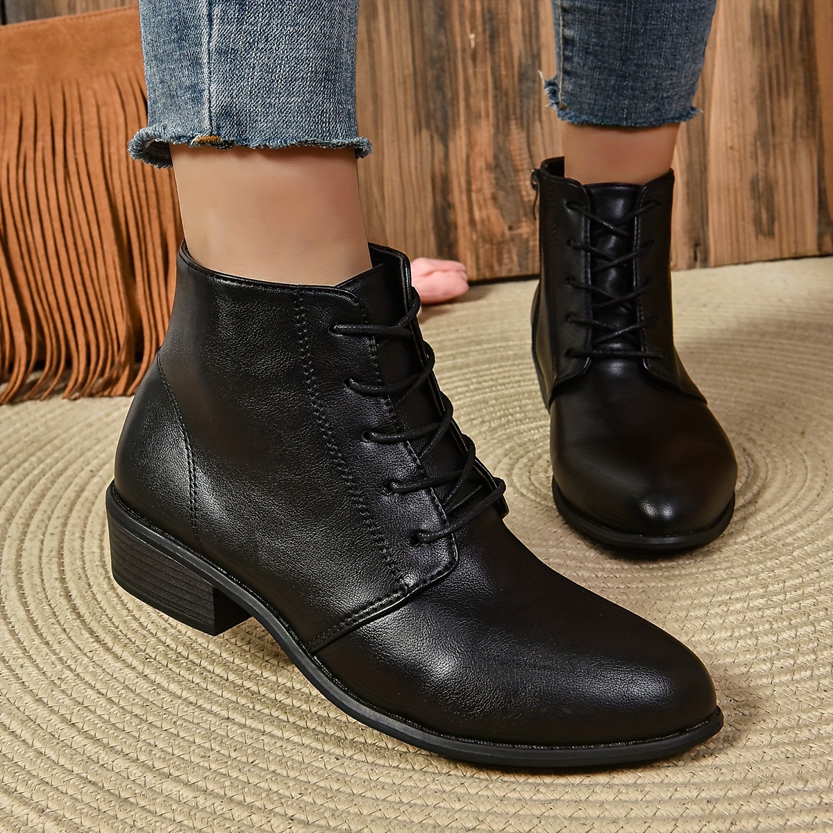 women black lace up ankle boots sold on Temu United States