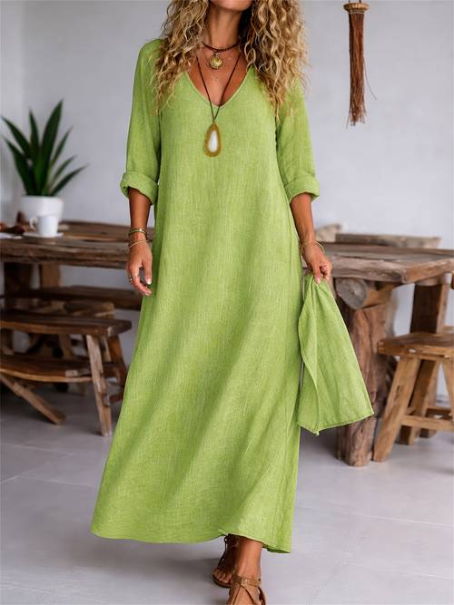 womens v neck long sleeve solid color casual loose dress