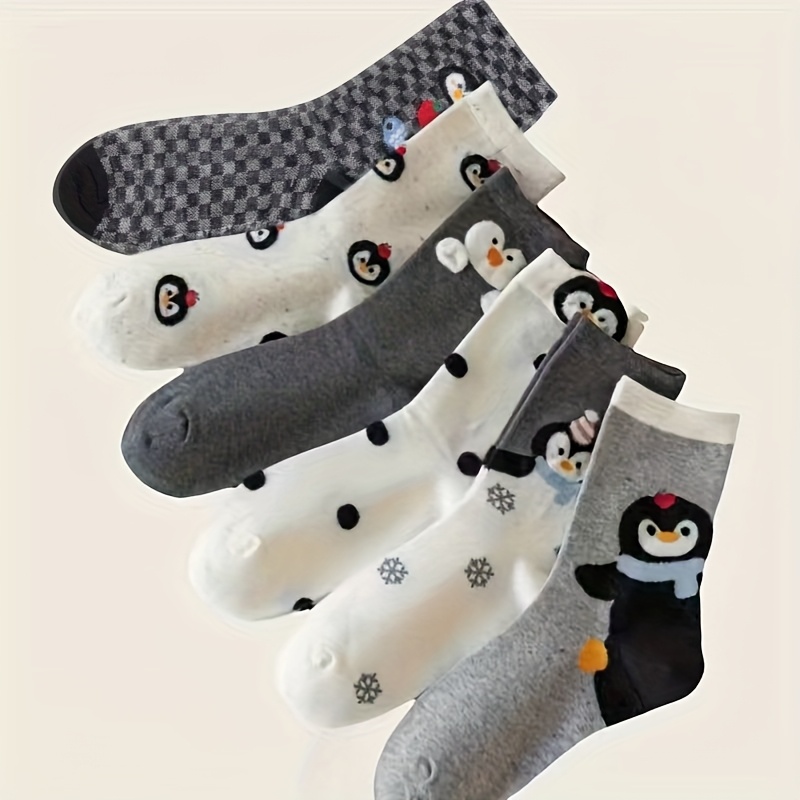 4/6 Pairs Of Women's Mid-tube Socks, New Autumn Cartoon, And Cute Animal Penguin Socks, Worn Outside, Versatile For