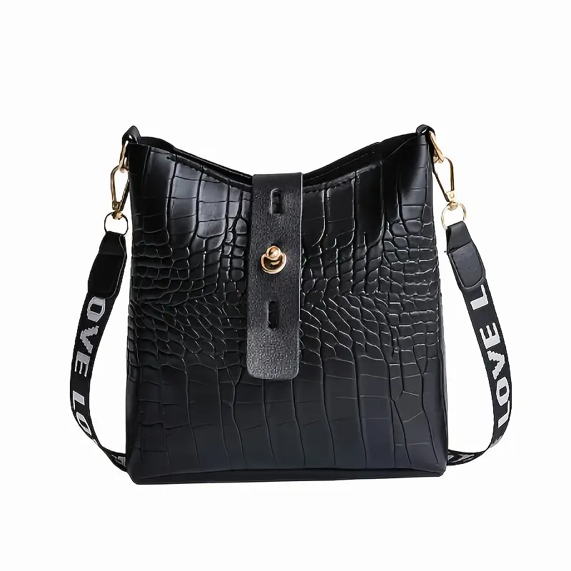 1pc crocodile pattern bucket bag stylish womens crossbody purse with hardware black casual or formal occasions details 7