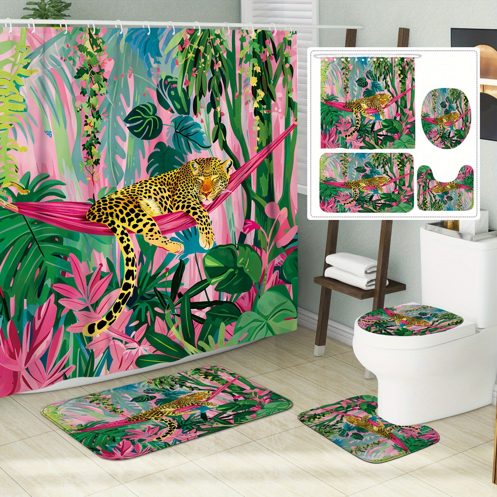 

Leopard And Tropical Plants Shower Curtain Set With Hooks And Non-slip Rugs: Waterproof, Machine Washable, And Perfect For Bathroom Decoration